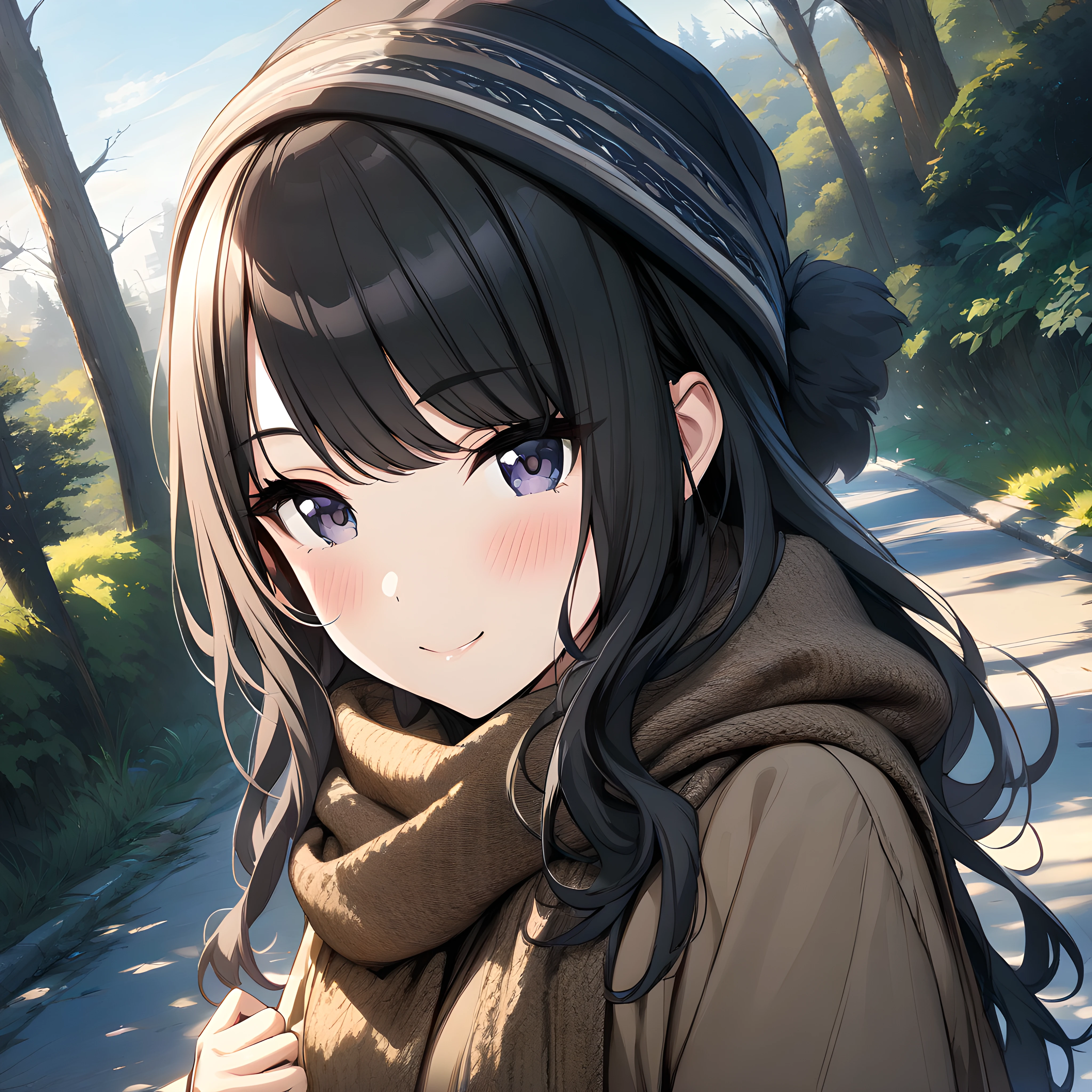 (masterpiece),(best quality),(ultra-detailed),(best illustration),(best shadow),(absurdres),(detailed background),(very aesthetic),  hiori kazano, 1girl, solo, tree, black hair, outdoors, looking at viewer, hat, smile, scarf, blush, long hair <lora:XL-HioriKazanov1:1>