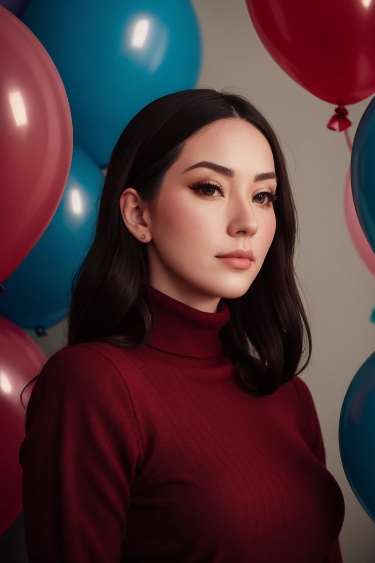 <lora:laurenchen-05:0.6>,,laurenchen, (epic), , photo of a woman,  ,fashion portrait photo of a woman from the 60s wearing a red turtleneck standing in the middle of a ton of balloons, taken on a hasselblad medium format camera