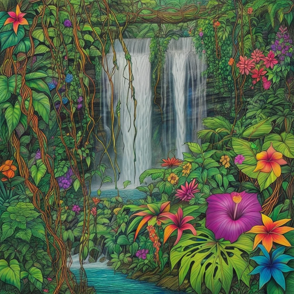 Jungle, waterfall, vines, colorful flowers