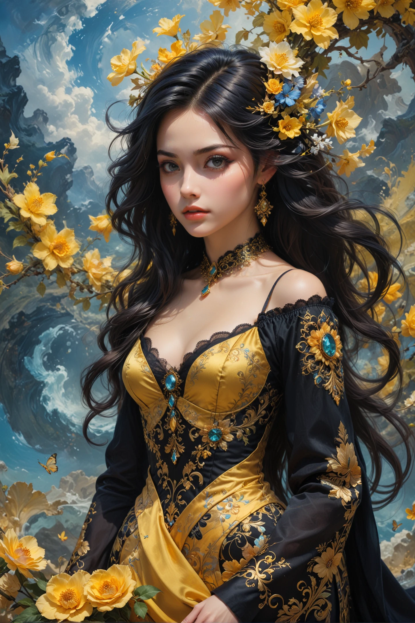 digital art, In a surreal and captivating scene, the female figure is depicted in an or-colorcombination-style design. She wears a black garb with intricate patterns, her Black and Yellow garb tailored by Zac Perkins. The background of the artwork is a swirling vortex of colors, with shades of blue and yellow dominating the canvas. The overall effect is both melancholy and otherworldly, capturing the essence of this unconventional world. at Sunrise, Bokeh, Baroque Art, Ambient lighting, Dichromatic, by artgerm, greg rutkowski and rachel m silva