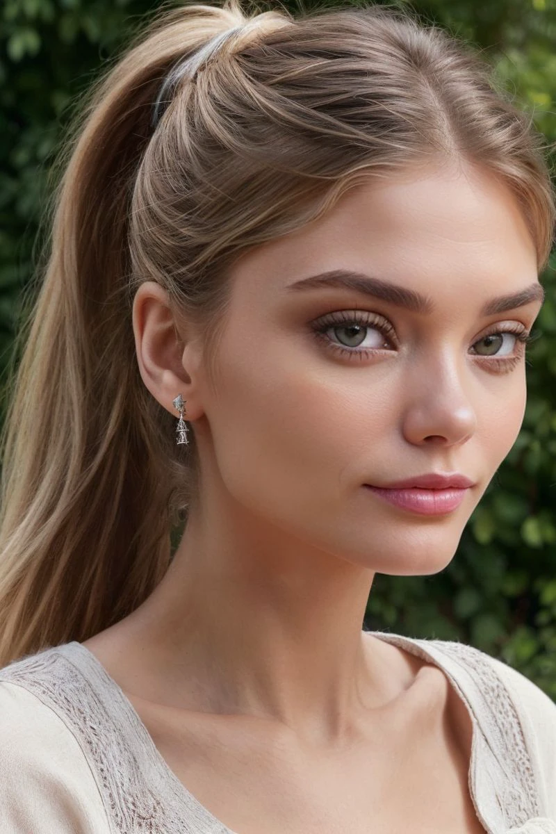 closeup headshot of S414_NatalieMorris,a beautiful woman,in a (garden:1.1),wearing a (henley:1.1),(ponytail),(4k, RAW photo, best quality, 50mm, depth of field, ultra high res:1.1),(intricate, photorealistic, cinematic-shot, masterpiece, ultra-detailed:1.1),