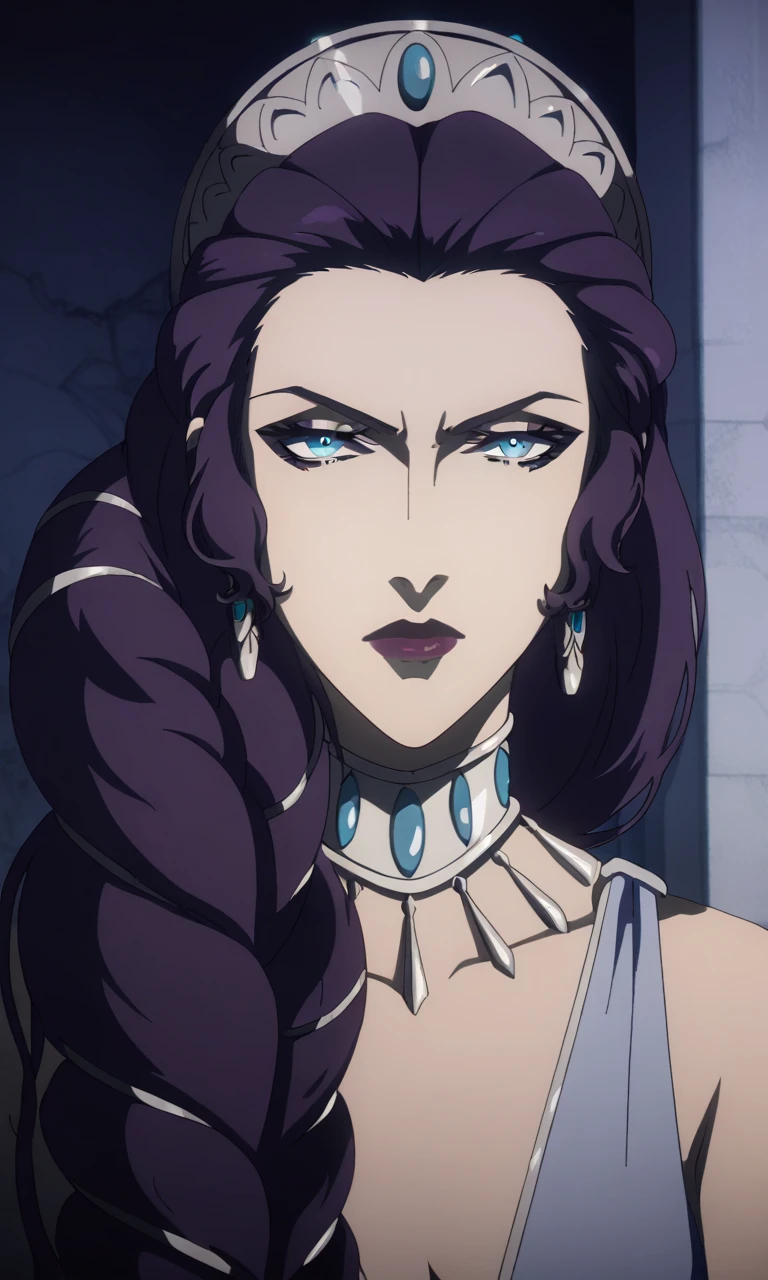 1girl, solo, dark purple hair, purple lips, blue eyes, clear blue eyes, braid, single braid, tiara, jewelry, earrings, looking at viewer, 