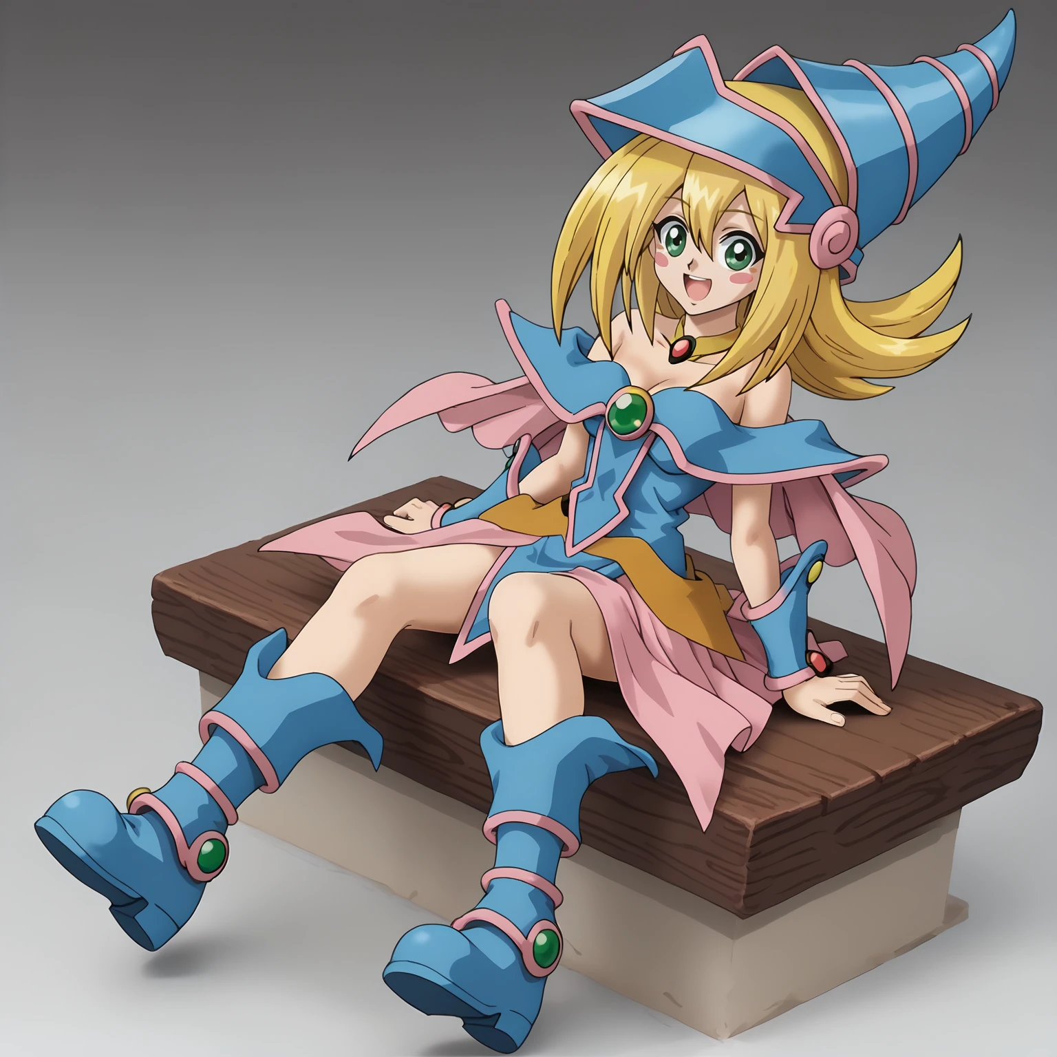 <lora:DarkMagicianGirlXLpony001>,
smile,open mouth,
solo,
DarkMagicianGirl,1girl,blonde hair,blush stickers,green eyes,
wizard hat,
choker,
bare shoulders,cleavage,capelet,dress,see-through,
pink skirt,
blue footwear,boots,
full body,sitting,