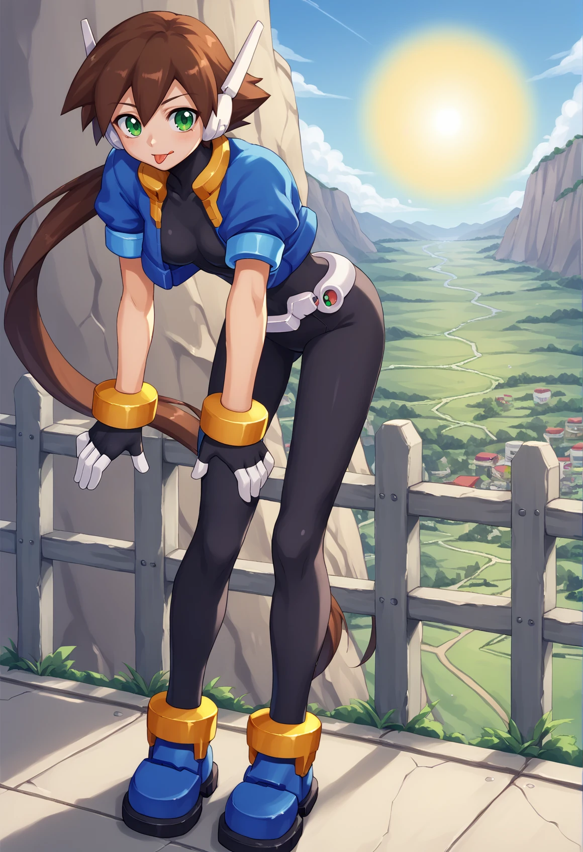 1girl, medium breasts, age progression, brown hair, long hair, low ponytail, green eyes, robot ears, black bodysuit, hair ornament, fingerless gloves, blue Cropped Jacket, cropped jacket, short sleeves, bracelet, anklet, shoes, blue footgear, outdoors, cliff, fence, contraposto, tongue out, standing, sun, sunlight, wind, on one leng, bent over<lora:Aile_Rockman_ZX_XL:1>, score_9, score_8_up, score_7_up, score_6_up, score_5_up, score_4_up, BREAK source_anime, masterpiece