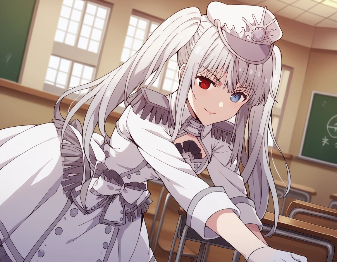 score_9, score_8_up, score_7_up, source_anime,
whitequeen, <lora:white-queen-movie-ponyxl-lora-nochekaiser:1>,
white queen, long hair, bangs, twintails, white hair, heterochromia, red eyes, blue eyes,
gloves, long sleeves, hat, dress, bow, frills, white gloves, white dress, white headwear, epaulettes, half gloves,
indoors, classroom, bent over, smile,
solo, dutch angle, looking at viewer, cowboy shot,