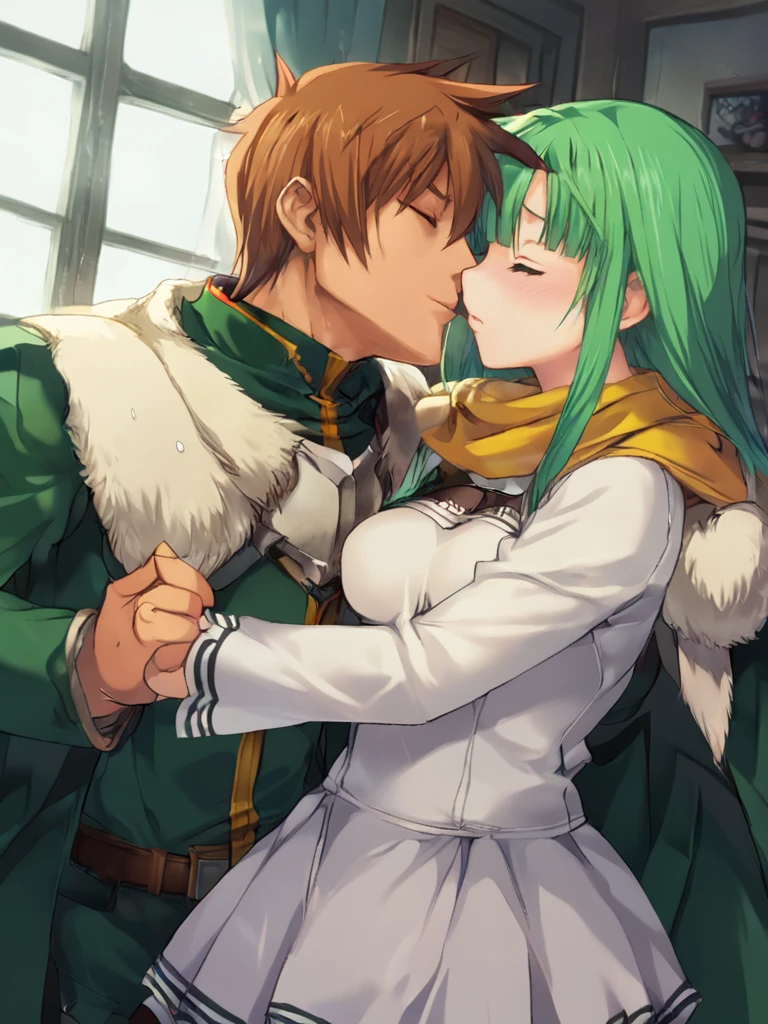 score_9, score_8_up, score_8, <lora:rance_pony_v1-0:0.8>
shizuka masou, 1girl, long hair, breasts, blush, short hair, bangs, brown hair, 1boy, medium breasts, very long hair, collarbone, closed eyes, hetero, small breasts, green hair, shiny, indoors, blunt bangs, shiny hair, dutch angle, couple, kiss, straight hair, imminent kiss, rance, dress, open coat, scarf