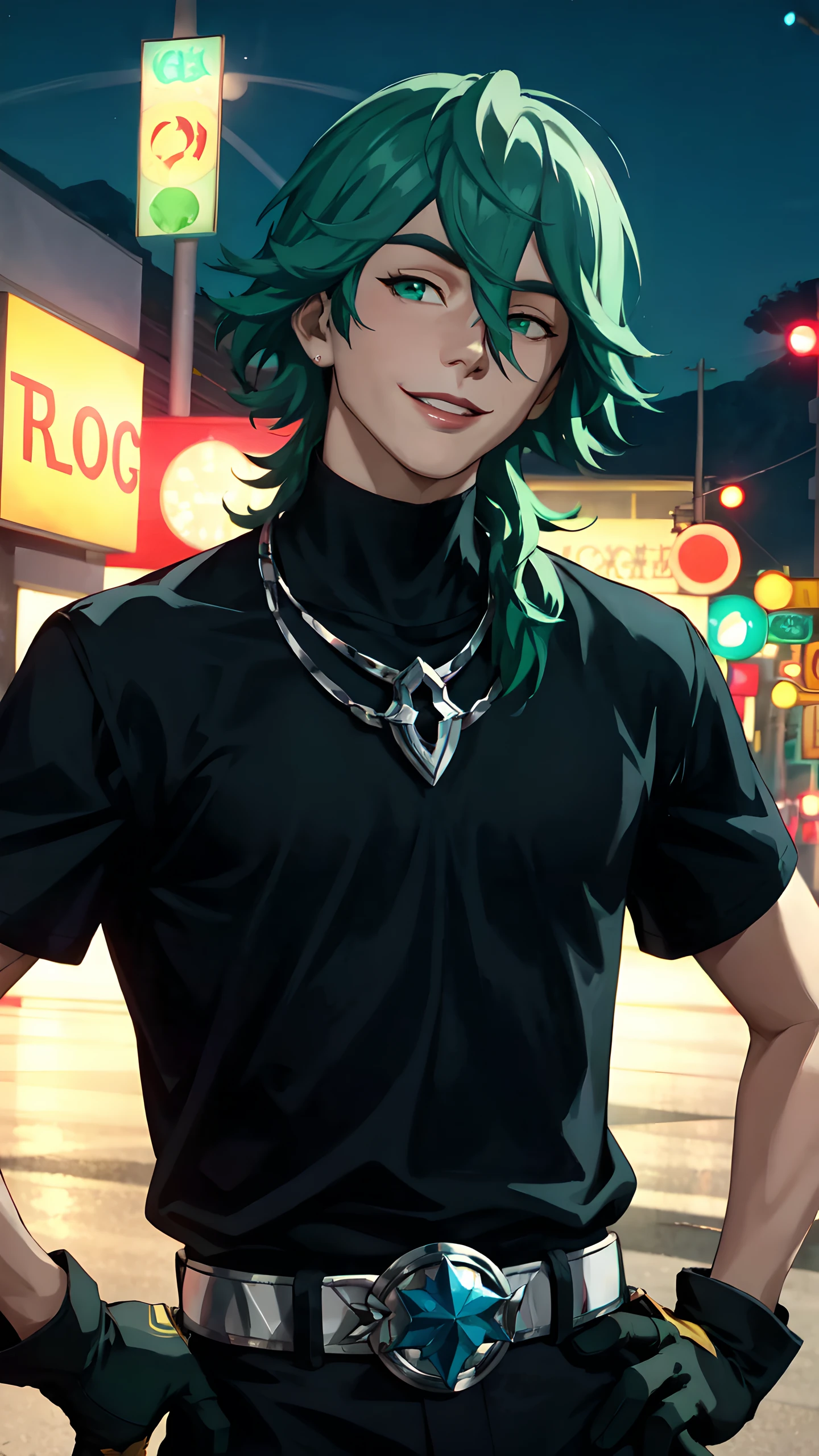 hs ezreal, solo, long hair, looking at viewer, smile, shirt, gloves, 1boy, hair between eyes, short sleeves, male focus, green hair, black gloves, fingerless gloves, necklace, blurry, black shirt, night, (best quality), (masterpiece), <lora:Heartsteel_Ezreal-10:0.7>, upper body, hands on hips
