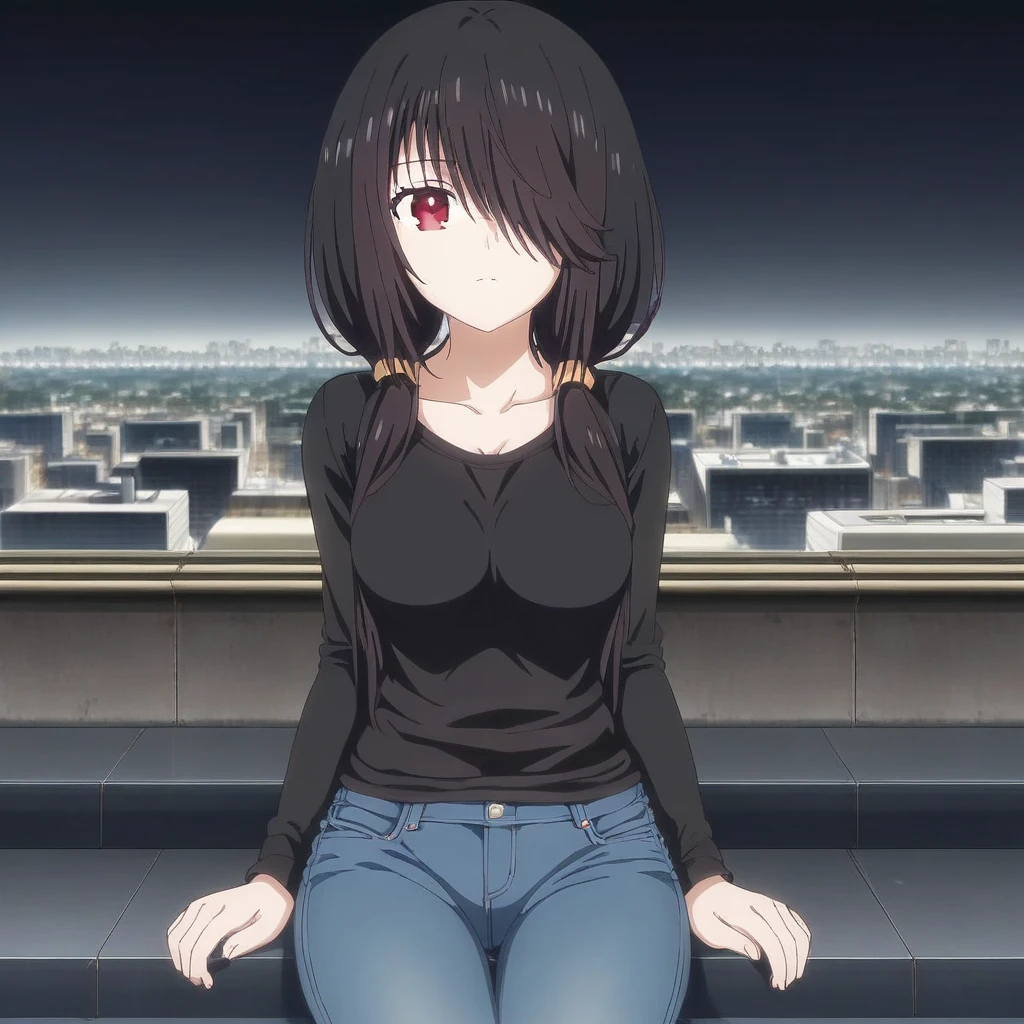 1girl, red eyes, hair over one eye, black hair, twintail, breast, black tshirt, jeans, sitting, city background