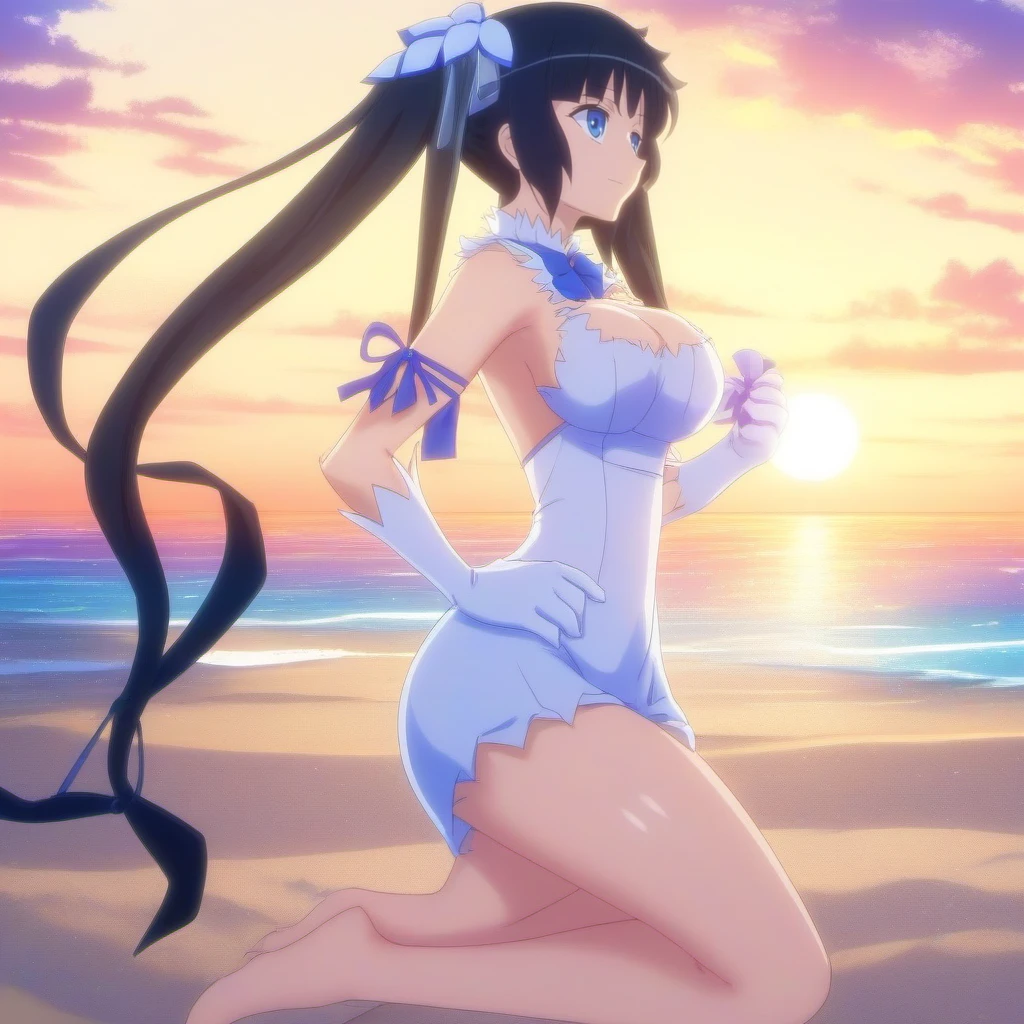 anime artwork a woman, black hair, twintails, long hair, blue eyes, large breasts, dress, ribbons, cleavage, gloves, beach, sunset  <lora:GoddessHestia1024:0.8> . anime style, key visual, vibrant, studio anime,  highly detailed