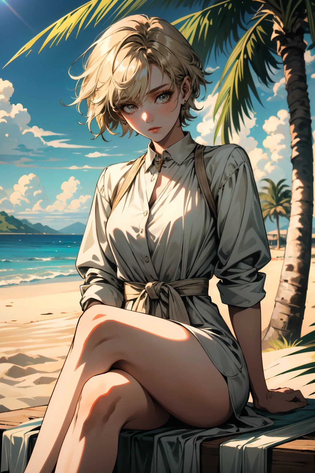 ((ultra detailed, masterpiece, absurdres))
 <lora:RE6Sherry:0.8>
RE6Sherry, 1girl, short hair, blonde hair, looking at viewer, on the sandy beach, minidress, palm trees in the background, sitting cross-legged