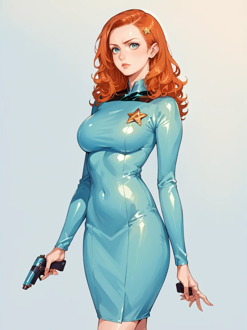score_9, score_8_up, score_7_up, score_6_up, 1girl, ginger hair, large breasts, <lora:st4rtr3kXLP:0.9> latex, st4rtr3k, dress, light blue, star trek, gun, <lora:Black_Magic_Steering:1> source_anime