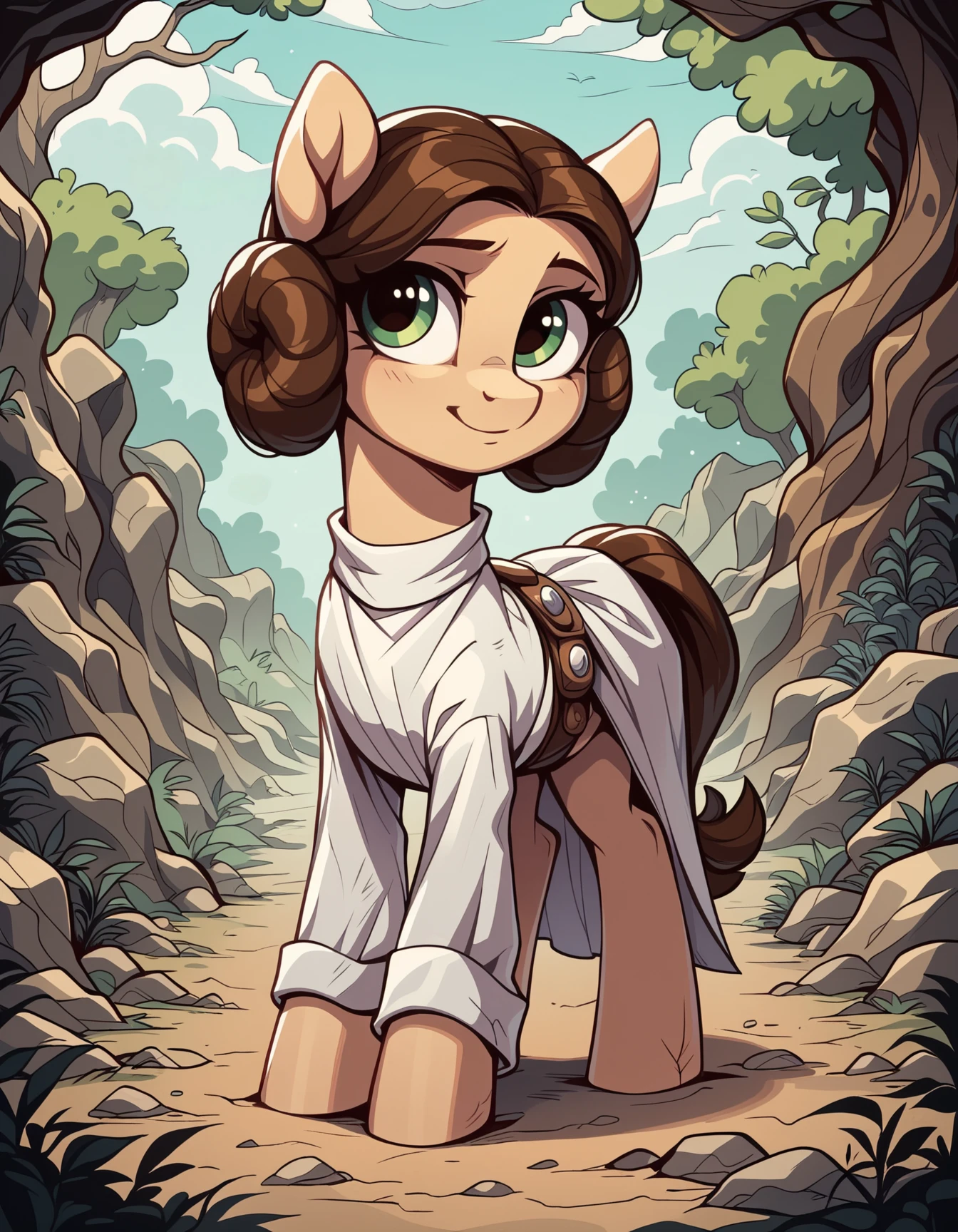 score_9, score_8_up, score_7_up, score_6_up, score_5_up, score_4_up,  
source: illustration, Leia_Organa,star wars theme, expressive, full body, pony, feral, cute, beautiful, pretty,wearing a white dress, (at a wasteland, appocalyptic landscape :1.1),brown hair,brown fur, highly detailed, intricate details, digital art, perfect anatomy, perfect proportions, 4k, (dynamic pose:1.25),