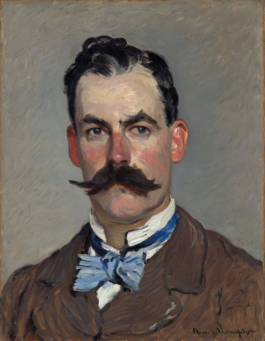 The painting showcases a portrait of a man with a prominent mustache. He appears to be middle-aged with dark hair and a serious expression. The man is wearing a white shirt with a blue cravat tied around his neck. The background of the painting is simple allowing the viewer's focus to remain on the subject. The brushwork is loose and impressionistic capturing the essence of the subject rather than intricate details., painting, CMnt, man, mustache, male focus, facial hair, black hair, upper body, simple background, portrait, <lora:Monet_XL:1>