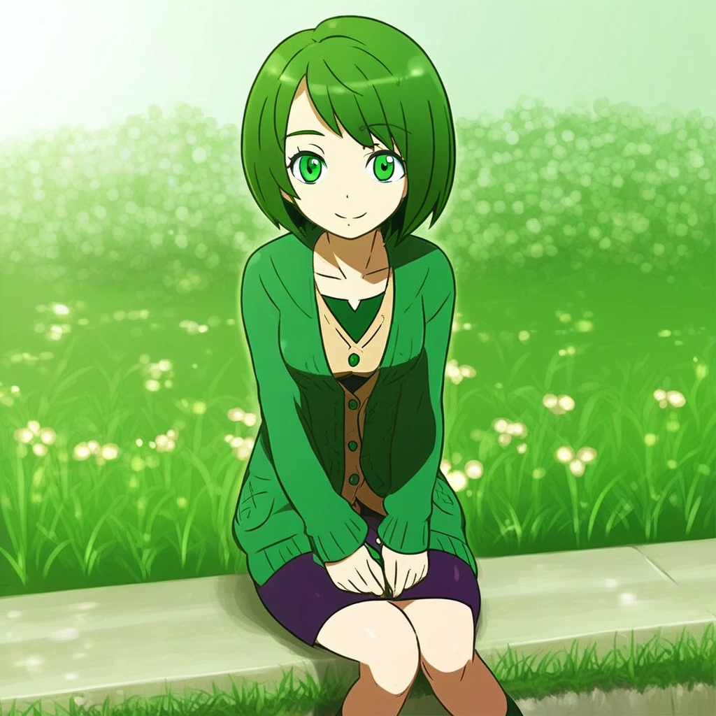 啎䥃佄䔀1girl, solo, smile, green eyes, short hair, cardigan, dress, sitting, outdoors