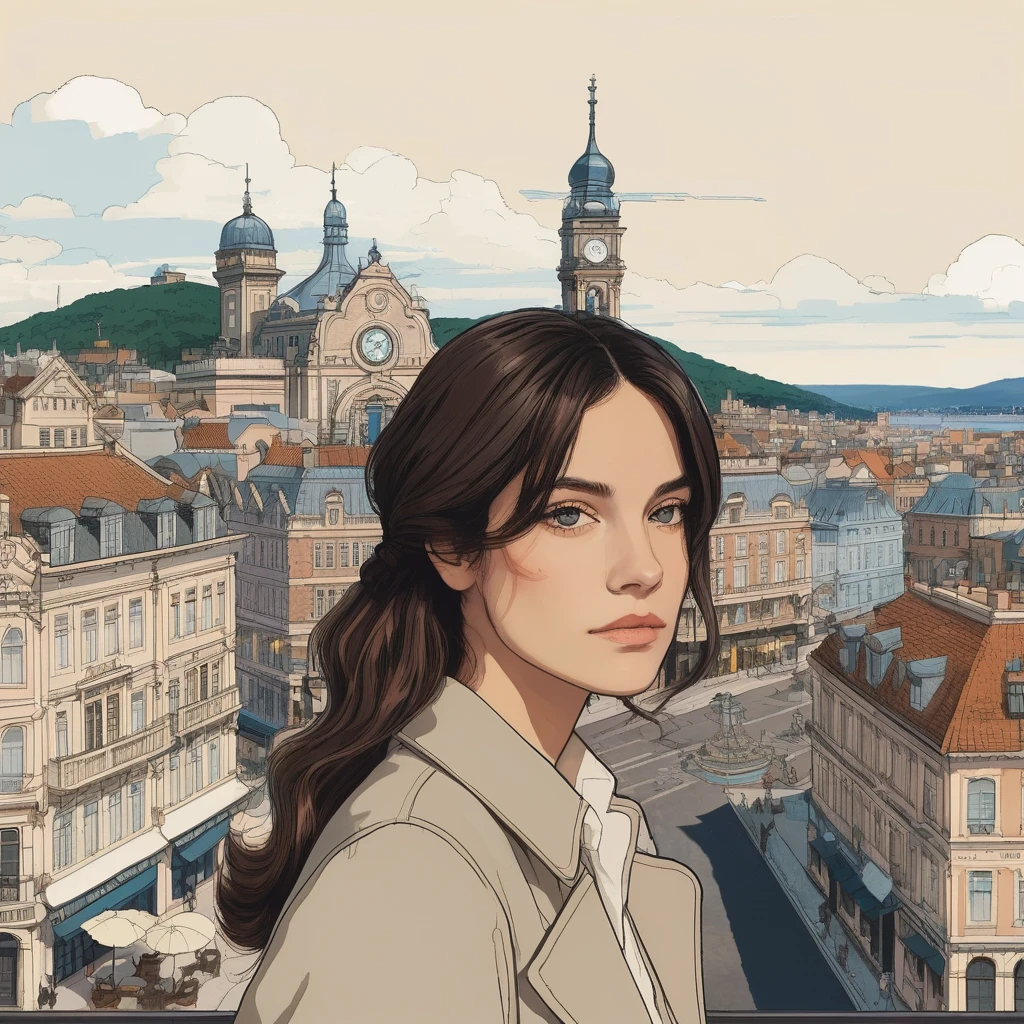 Studio ghibli style illustration of the face of a woman looking at the viewer with a victorian city square in the background, brxpalvin, <lora:barpalvin_juggerX_xl_1_wocap_merger_84_91_06_04-brxpalvin:1>