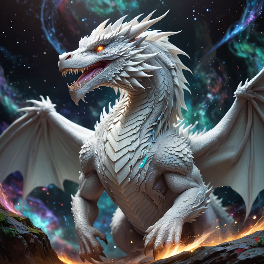 In the depths of space, a majestic white dragon with shimmering scales and glowing eyes gazes out from behind a swirling vortex of growth. Brocore