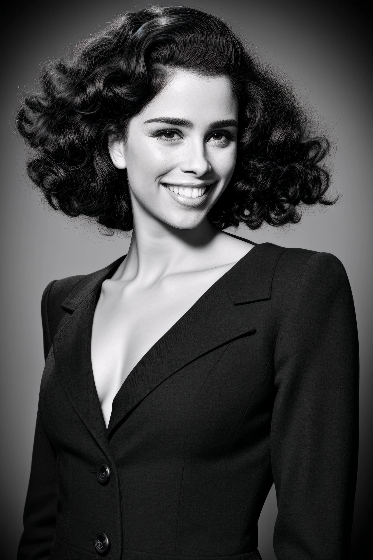  sarahkatesilverman,  monochrome, portrait, 1940's hairdo, formal hairstyle, glamour, smile, shiny hair, black hair, curly  hair,  bombshell, headshot, seductive, (looking at viewer), <likenesshelpbyshurik3>:0.7