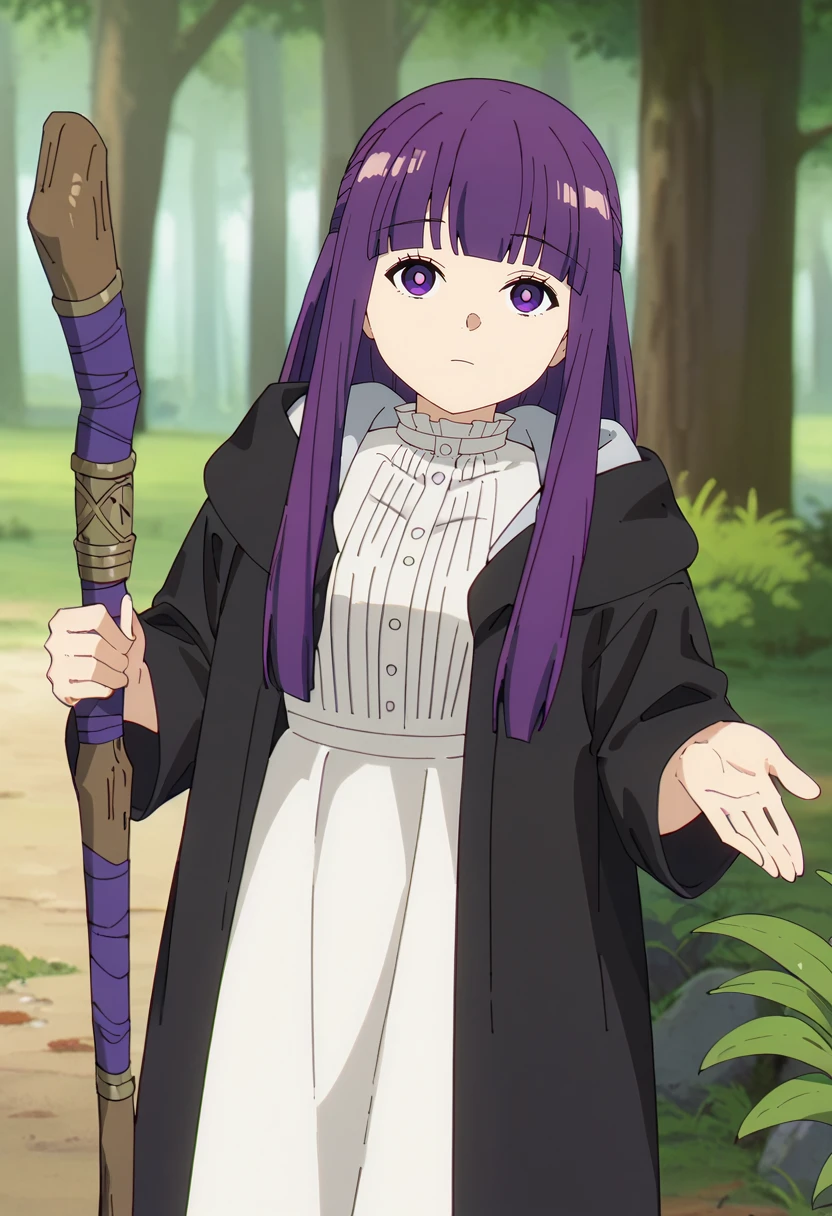 score_9, score_8_up, score_7_up,
<lora:SousouNoFrieren_FernXL:0.9>, FernSSnF,
1girl, solo, closed mouth,
purple hair, long hair, purple eyes, bright pupils, blunt bangs,
FernCasual, white dress, black robe, open clothes, hood, frilled collar, holding staff,
standing, looking at the viewer,
fantasy, medieval, photo background, forest, tree, moss, stream, stone, leaf, maple tree, grass, nature, blurry background