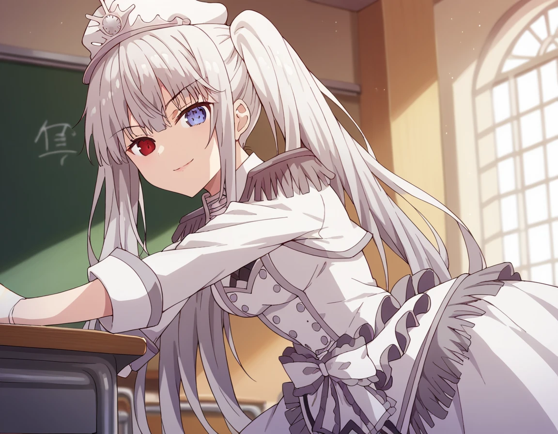 score_9, score_8_up, score_7_up, source_anime,
whitequeen, <lora:white-queen-movie-ponyxl-lora-nochekaiser:1>,
white queen, long hair, bangs, twintails, white hair, heterochromia, red eyes, blue eyes,
gloves, long sleeves, hat, dress, bow, frills, white gloves, white dress, white headwear, epaulettes, half gloves,
indoors, classroom, bent over, smile,
solo, dutch angle, looking at viewer, cowboy shot,