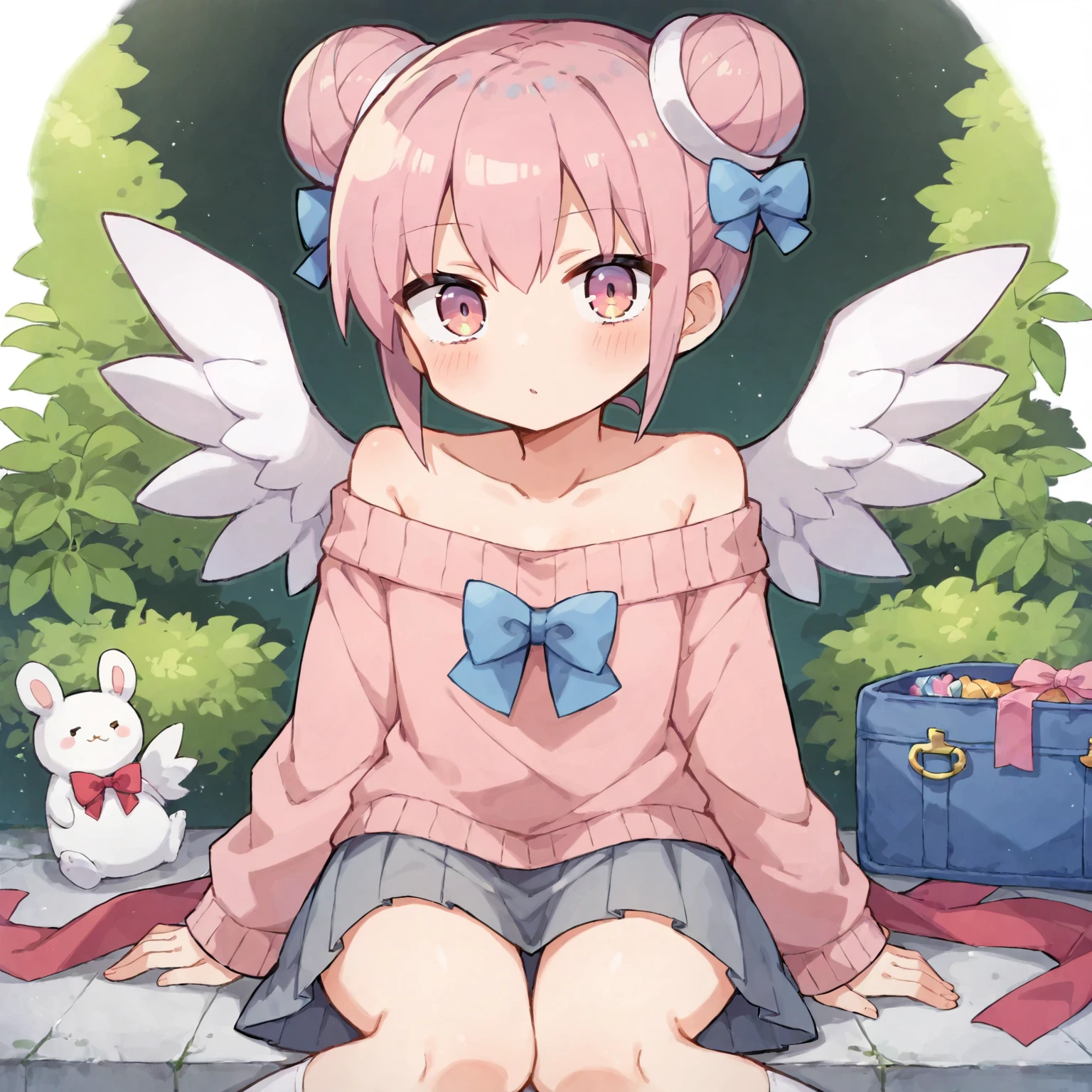 score_9, score_8_up, score_7_up, score_6_up, source anime, 1girl, nanawo_akari, looking at viewer, cowboy shot, pink hair, pink sweater, bare shoulder, double bun, grey skirt, white wings, white socks, sitting, w-legs, masterpeice, best quality, very aesthetic, absurdres