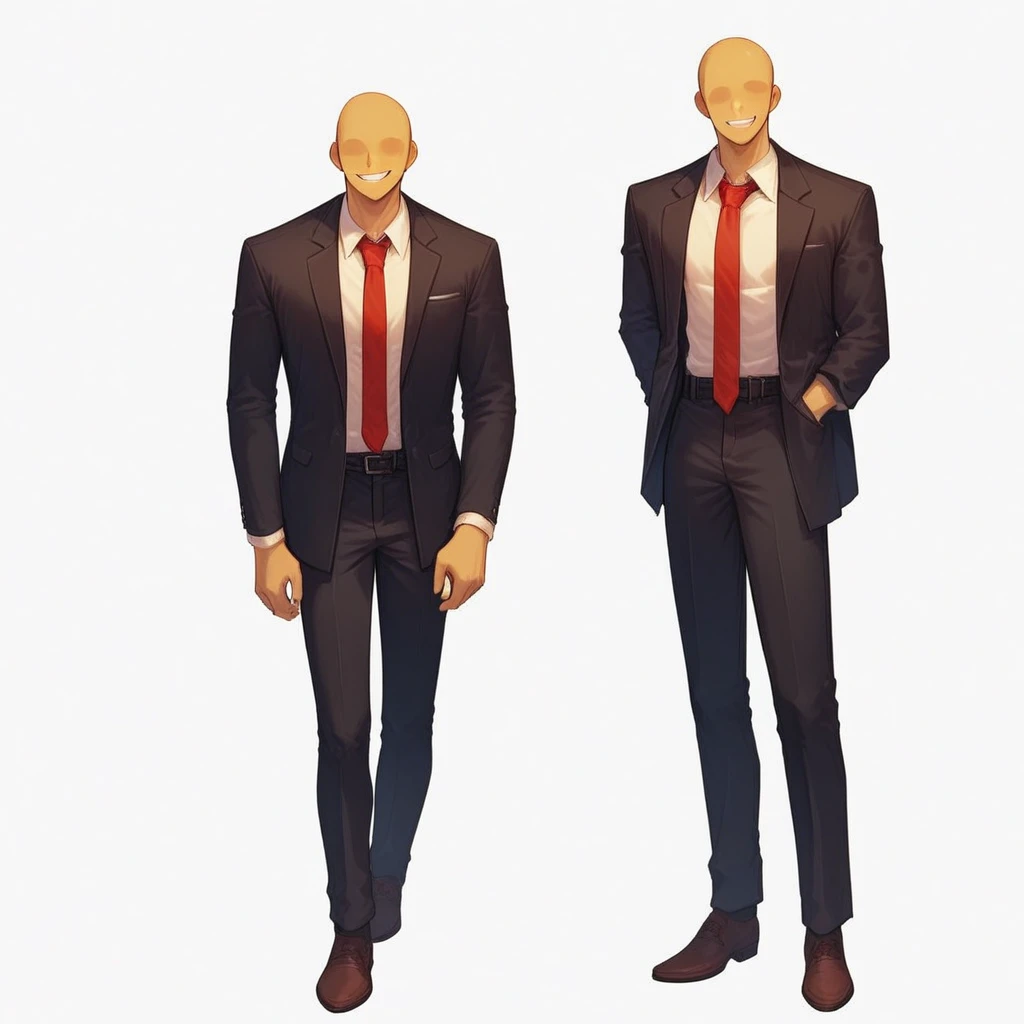 average body, black suit, no eyes, adjusting necktie, teeth, shoes, arms at sides, necktie, white background, salaryman, brown footwear, shirt, breast pocket, open jacket, 1boy, grin, hands in pockets, red necktie, hand in pocket, smile, jacket, parted lips, formal, black belt, sleeves rolled up, black pants
