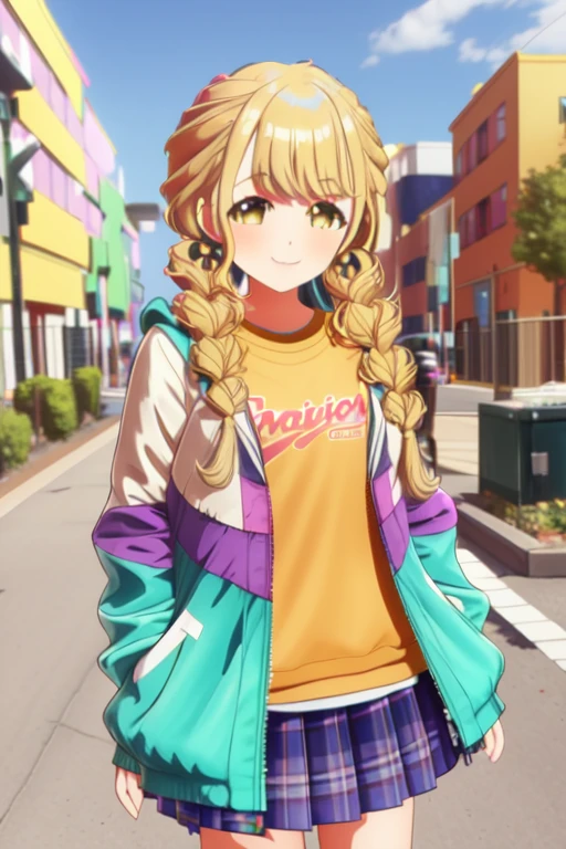 1girl, solo, masterpiece, <lora:fujitakotonev1:0.9>, fujita kotone, braid, blonde hair, long hair, yellow eyes, bangs, twin braids, jacket, pleated skirt, long sleeves, purple skirt, multicolored clothes, yellow shirt, open clothes, blue skirt, plaid skirt, smile