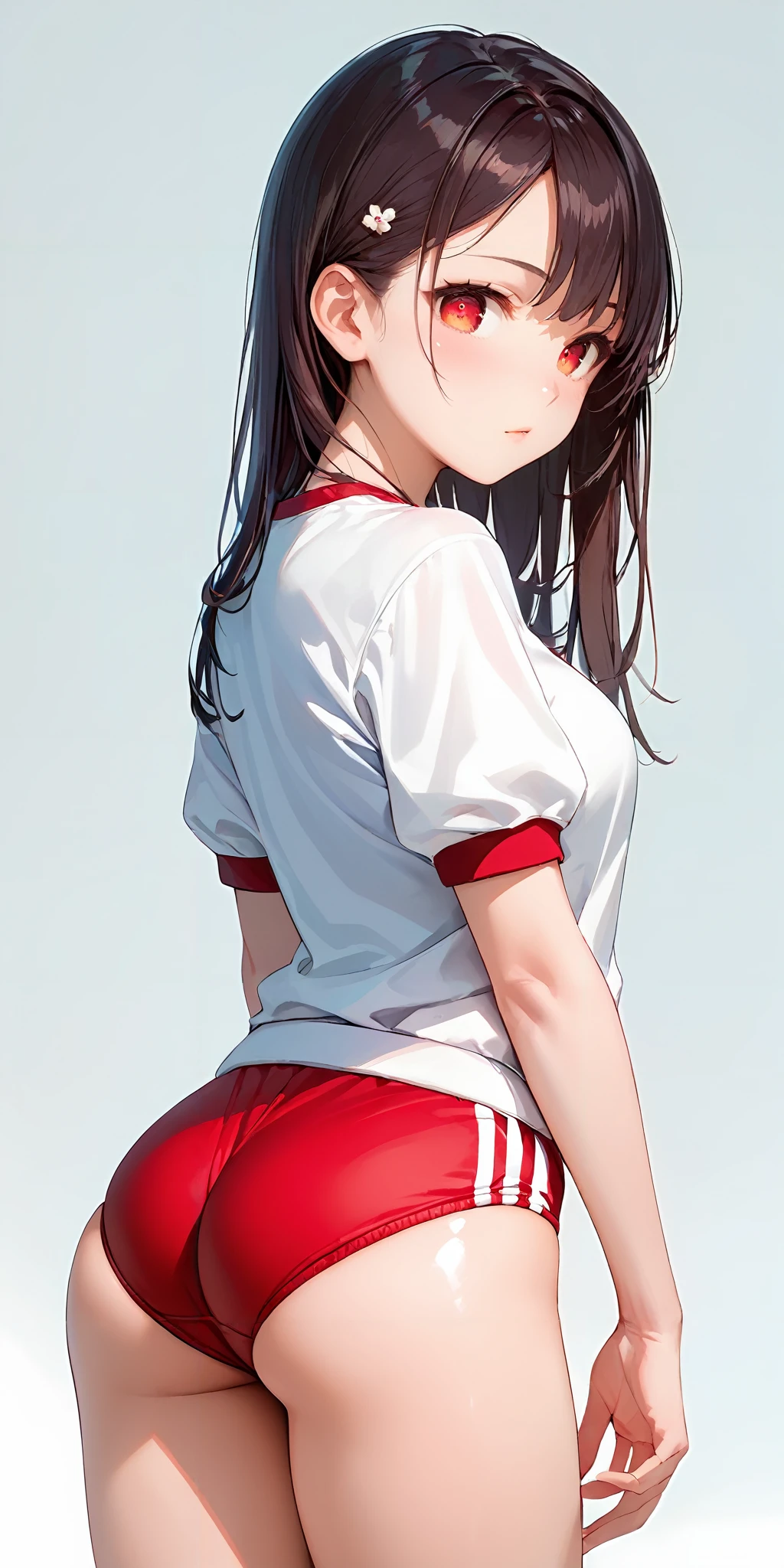 score_9, score_8_up, score_7_up,source_anime, high res image,masterpiece,best quality,girl,cute face,clear skin,shiny hair,ultra detailed eyes,simple background, <lora:buruma_Pony_V1.0:1> sgu, gym uniform,red buruma,ass