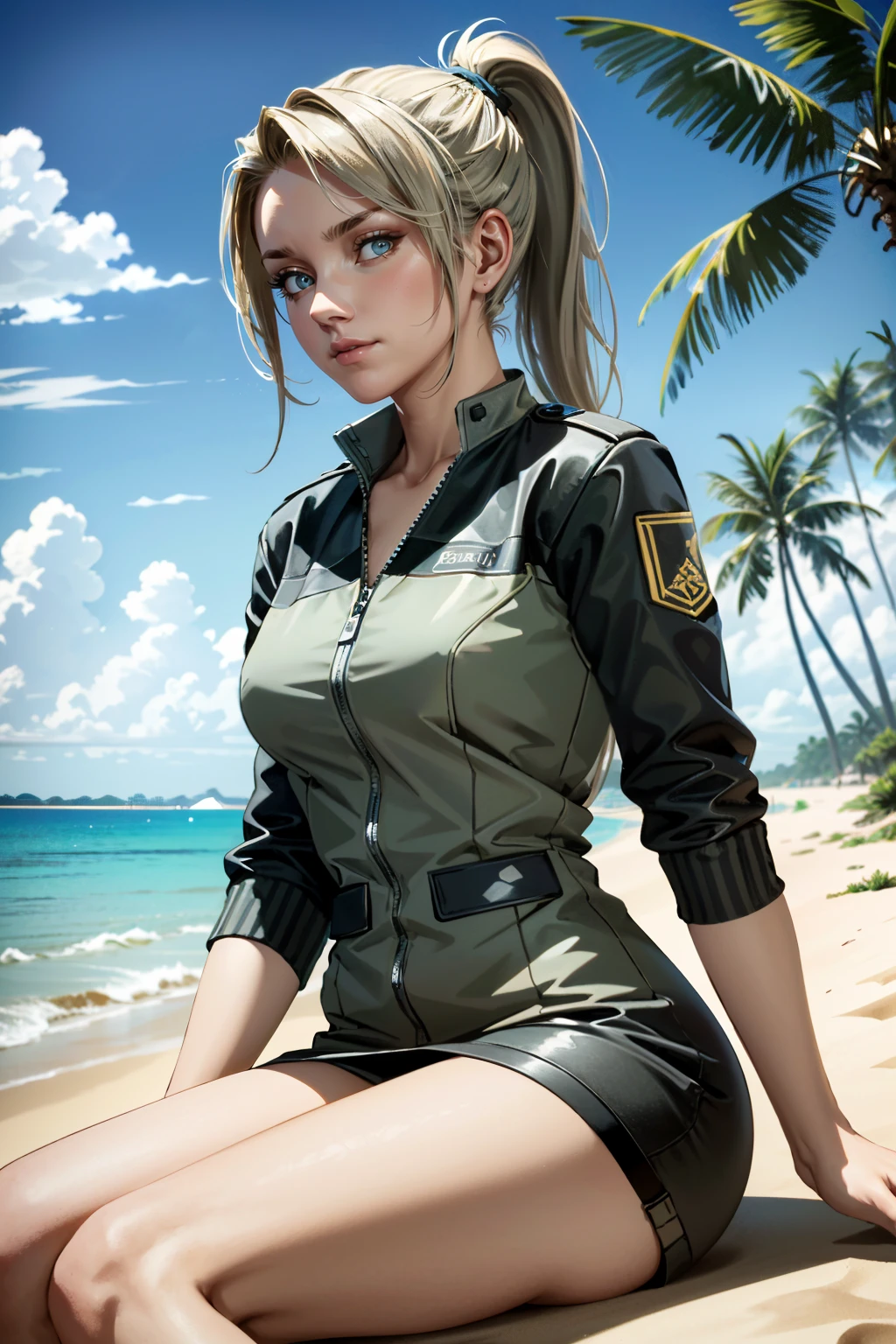 ((ultra detailed, masterpiece, absurdres))
 <lora:MKSonya:0.8>
MKSonya, 1girl, ponytail, long hair, blonde hair, looking at viewer, on the sandy beach, minidress, palm trees in the background, sitting cross-legged