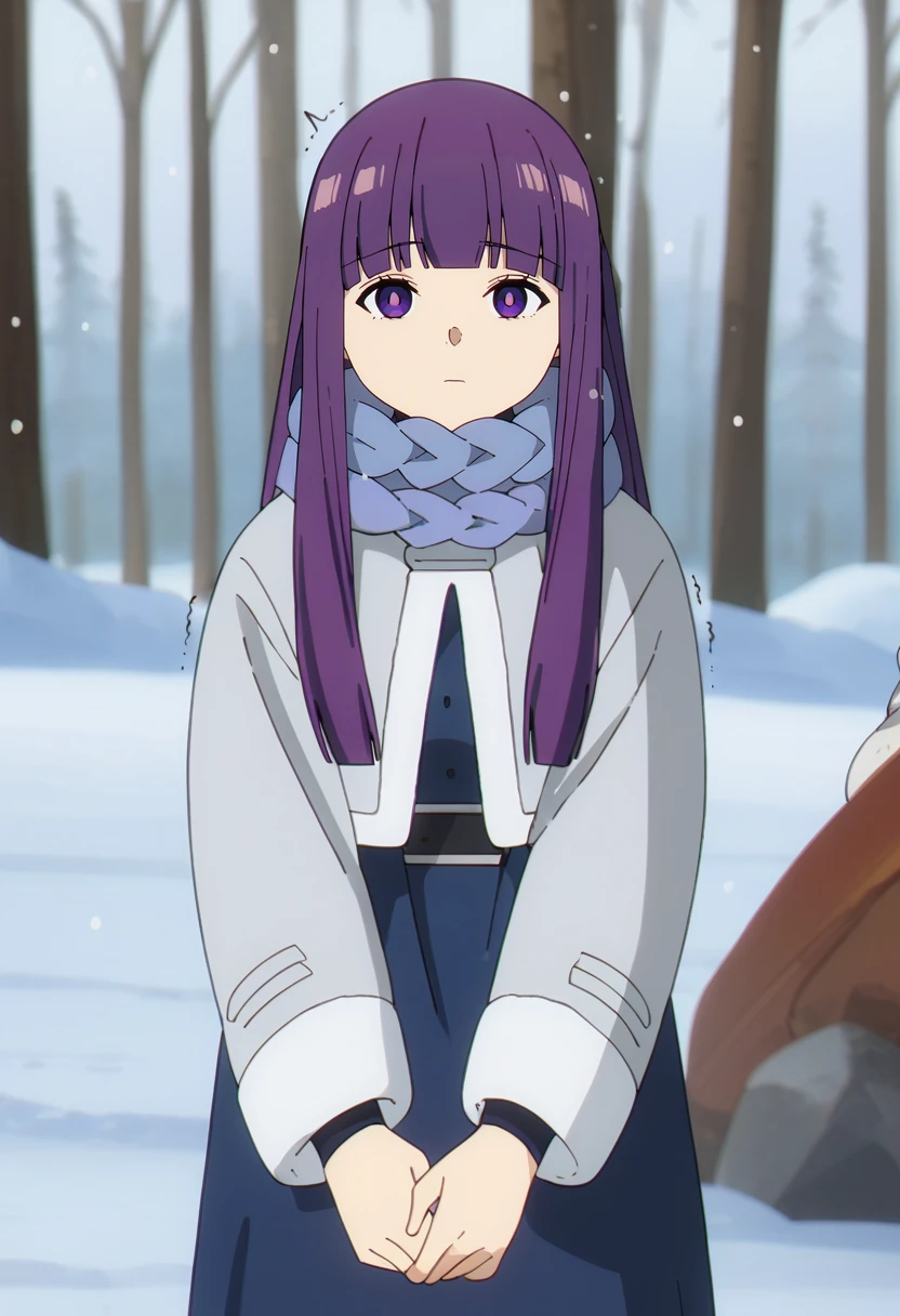 score_9, score_8_up, score_7_up,
<lora:SousouNoFrieren_FernXL:0.9>, FernSSnF,
1girl, solo, closed mouth,
purple hair, long hair, purple eyes, bright pupils, blunt bangs,
FernWinter, blue scarf, grey coat, blue dress,
standing, looking at the viewer, trembling, shiver lines,
forest, tree, winter, snow, snowing, blizzard, cold, nature, photo background, blurry background