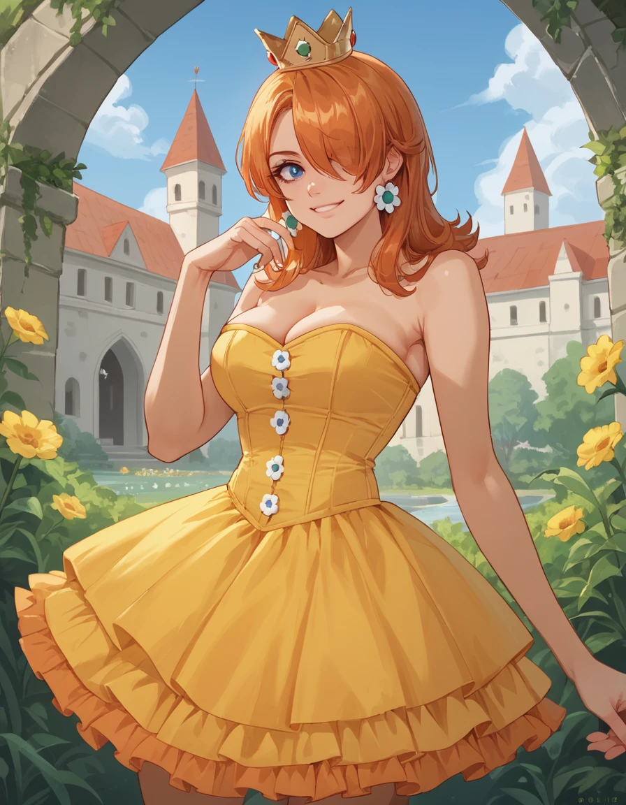 score_9, score_8_up, score_7_up, score_6_up, score_5_up, score_4_up, source_anime,  1girl, solo, hair over one eye, orange hair, hud_crst_prncss_drss, yellow short dress, corset, flower buttons, bare shoulders, orange frills, crown, daisy earrings, <lora:princess_daisy-000008:0.7>, light smile, blue eyes, saggy large breasts, castle, garden meadow