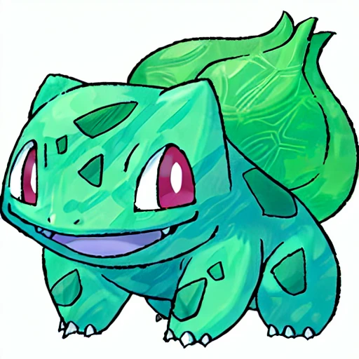 A cartoon drawing of a green Pokemon with a leaf on its back.
