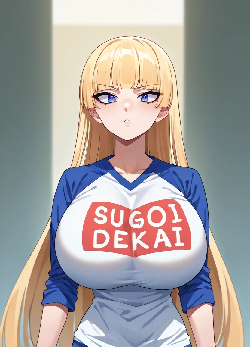 score_9_up, source_8_up, source_7_up, source_anime, LinEyes, Lina, multicolored eyes, gradient eyes, 1girl, blonde hair, hair down, blunt bangs, long hair, <lora:Lina-XL-V2:1>, sugoi dekai, clothes writing, white shirt, cosplay, blue shirt, raglan sleeves, huge breasts, <lora:Sugoi Dekai-XL-V1:1>