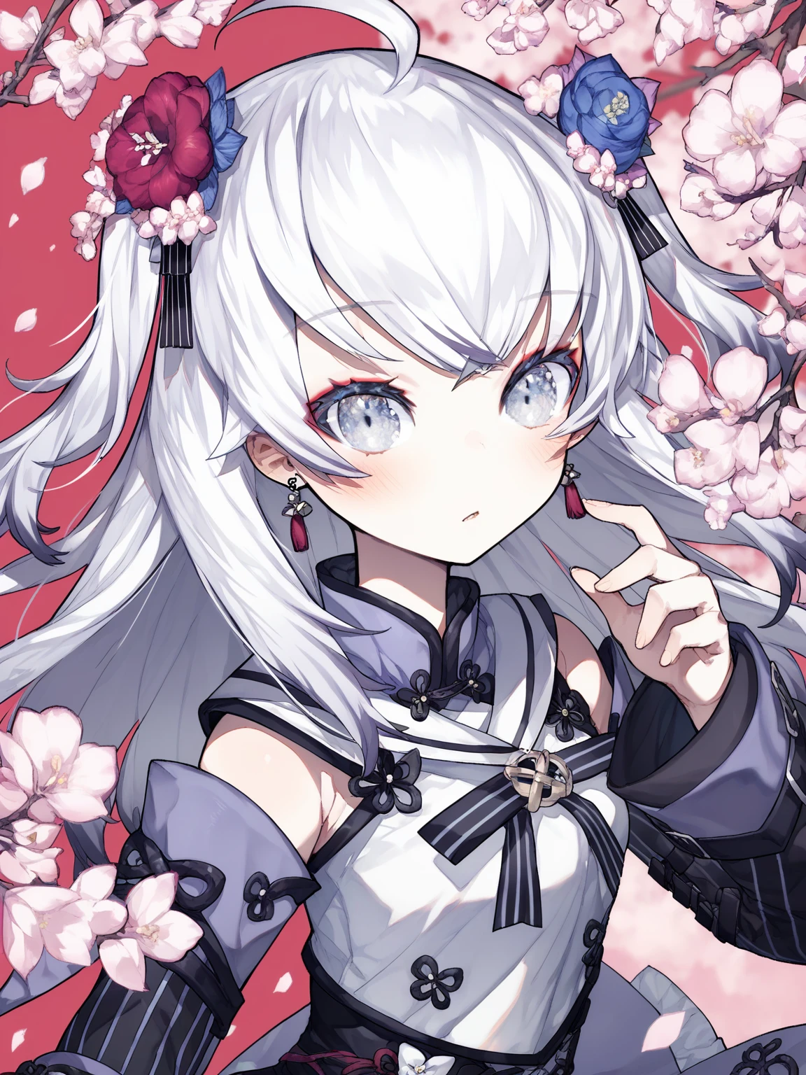 (score_9,score_8_up,score_7_up,),<lora:xuelian:0.9>,AzumaSeren,1girl,solo,virtual youtuber,hair ornament,striped,black thighhighs,boots,ahoge,hair flower,white hair,bangs,two side up,detached sleeves,earrings,grey eyes,jewelry,blush,upper_body,<lora:MikaPikaZoXLP6lokrV42310:0.7>,wind,cherry blossoms,;d,
