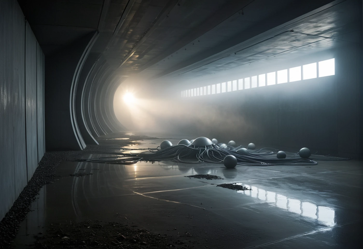 Autonomous probe drifting, sleek angular chassis. Articulated appendages extending, space scanning. Probing fractal labyrinth, mapping alien megastructure. Defensive drones with obsidian carapaces and Multi-joined tentacles are stirring and scanning the intruder. Evasive patterns executed, probe darting corridors. Drones giving chase.
BREAK Corridors with Non-Euclidean angles and repeating patterns and scattered pinpoint glowings. Dense fog hugging floors and obscuring space and muffling. Alien materials with weirdly looking compositions and realigned spatial dimensions. Distant machinery. Dimly lit fluid shapes, curved walls fading. Muted grays, monochrome fogging, sparse bioluminescence glowing.
BREAK Light beams refracting, dispersing hazed rays. Shadowplays cast, amorphous shapes flickering walls. Static discharges crackling, ionized particles shimmering. Thermal eddies wavering, mirage-like distortions warping. Fog tendrils coiling, dissipating, ethereal ebb. Faint gravitational lensing effects, spacetime displacement.
BREAK (from_below:1.3), (realistic raw photograph, shallow depth of field with strong swirly bokeh effect:1.1), analog film grain and analog film physical effects simulation, light leaks and sun flares, ( tessellation:0.9), (surreal ethereal otherworldly scenery:1.15), (lifelike,crisp,precise:1.1)