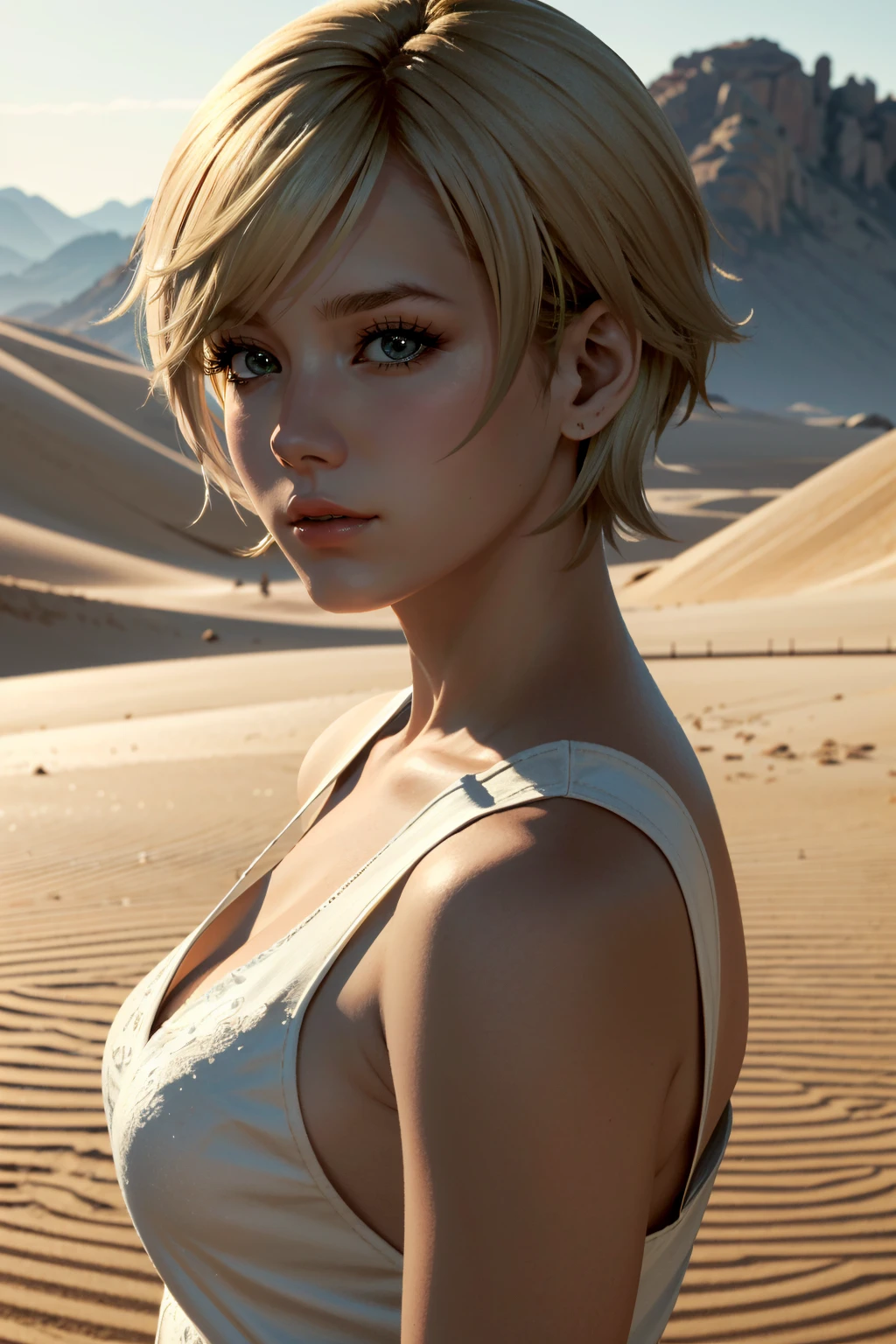 ((ultra detailed, masterpiece, absurdres))
 <lora:RE6Sherry:0.8>
RE6Sherry, 1girl, short hair, blonde hair, looking at viewer, desert, noon, intense and shimmering sunlight