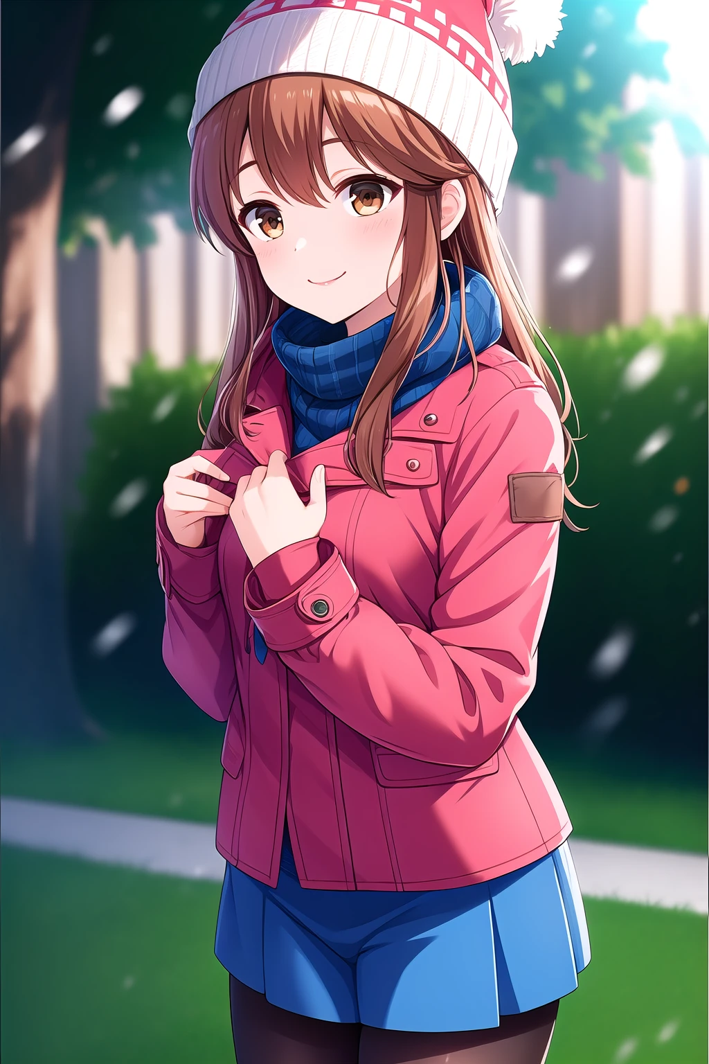 (masterpiece, best quality), highly detailed background, perfect lightingbest quality, kawakamiseri, solo, outdoors, naturte, winter, beanie, brown footwear, light brown hair, hair between eyes, long hair, sidelocks, brown eyes, medium breasts, red coat, long sleeves, blue skirt, denim skirt, blue shorts, denim shorts, black pantyhose, winter clothes, smile, closed mouth, :), pink lips, <lora:Kawakami-Seri-2-10:0.7>