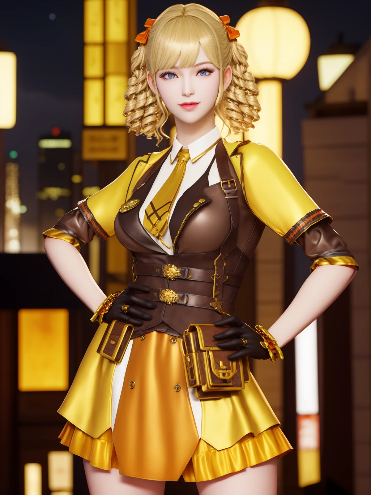 CFwangzhelanxierQF, 1girl, solo, gloves,blonde hair,looking at viewer, blue eyes, necktie, drill hair, lips, dress, hair bow, bangs, bow, short sleeves, belt, breasts, pouch, cityscape, night,  <lora:CFwangzhelanxierQF:0.75>,hand on hip, (light smile:0.7),