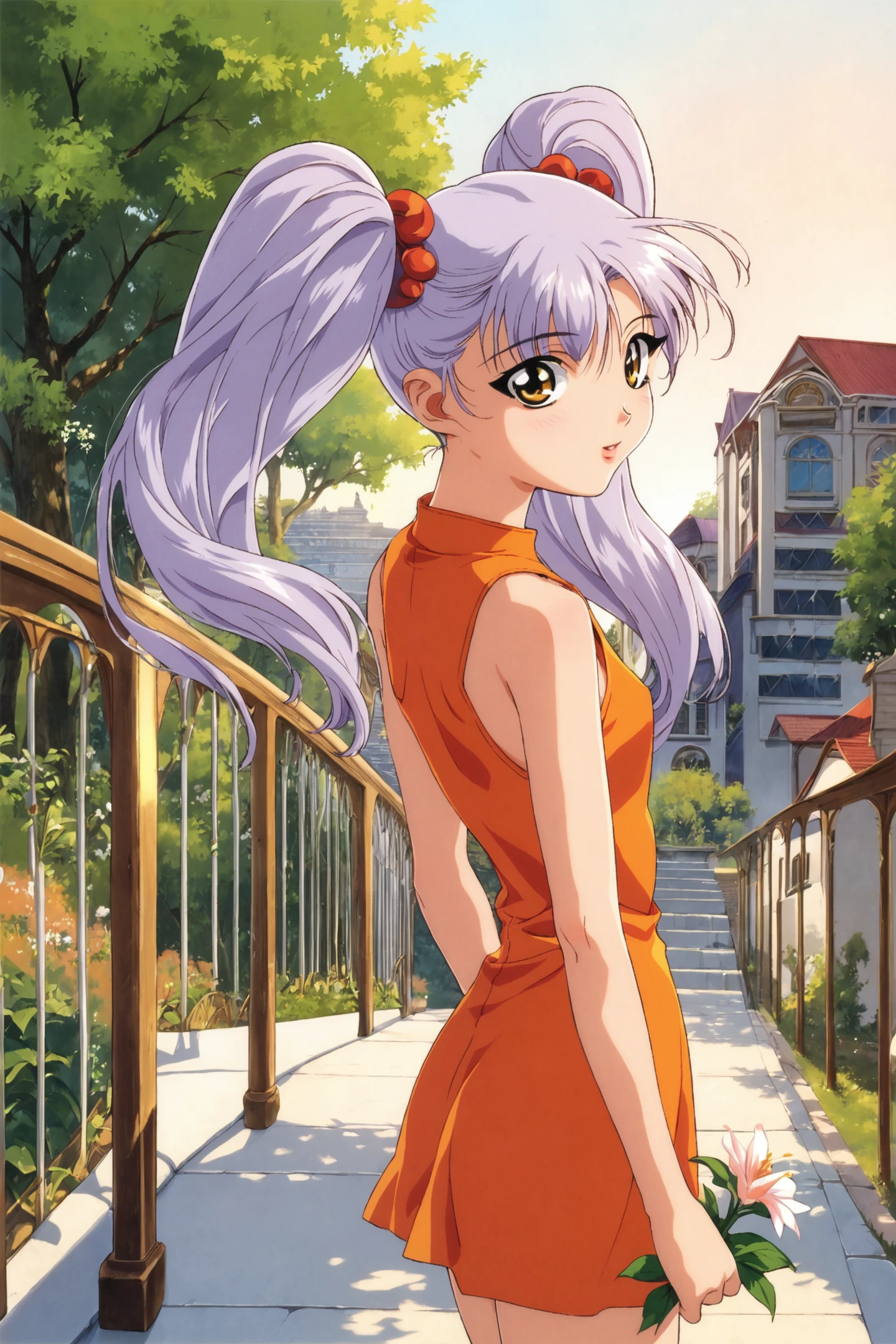 score_9,score_8_up,score_7_up,masterpiece,best quality,very aesthetic,absurdres,official art,official style,
Hoshino Ruri,1girl,solo,twintails,dress,outdoors,holding,retro artstyle,long hair,looking at viewer,day,cowboy shot,building,orange dress,arms behind back,sleeveless,looking back,bangs,sleeveless dress,stairs,short dress,standing,tree,holding flower,house,railing,road,light purple hair,
<lora:Keiji Gotoh_XL_PONY:0.8>,