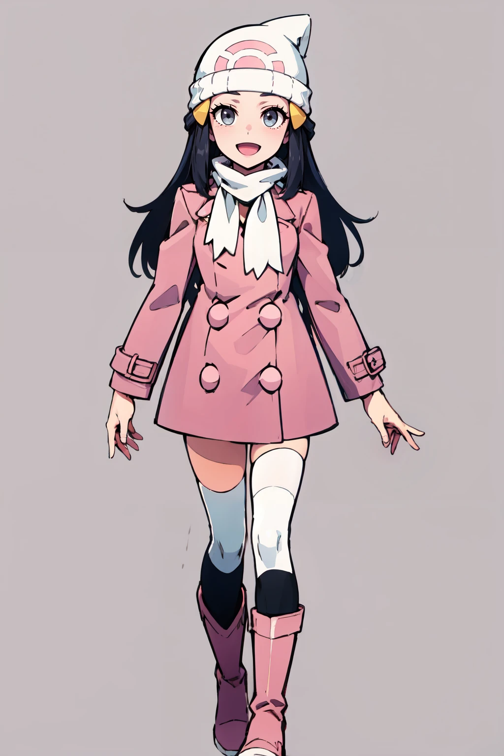 ((masterpiece,best quality)), absurdres, <lora:Dawn_v5:0.7>, zzDawn, pink footwear, over-kneehighs, beanie, boots, white scarf, open mouth, white background, simple background, full body, grey eyes, wristwatch, :d, long sleeves, white thighhighs, winter clothes, standing, pink coat
