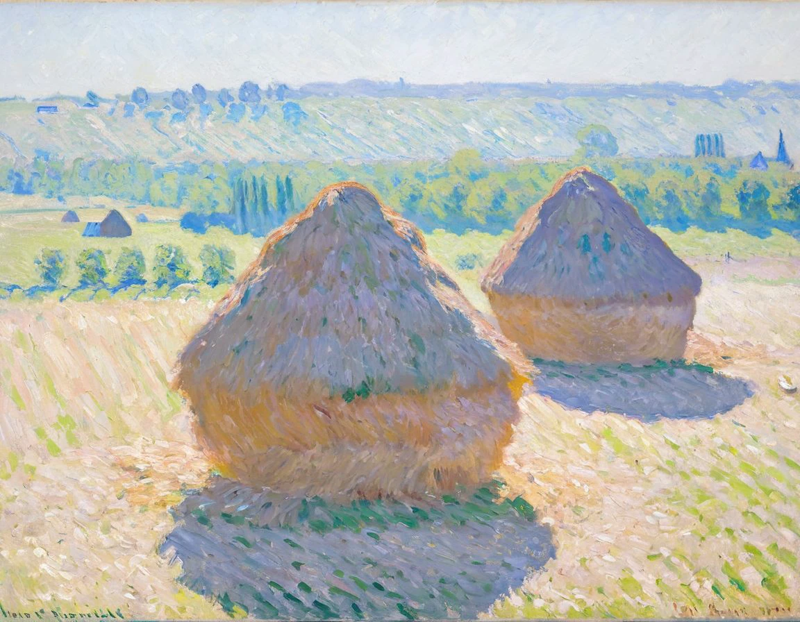 The painting depicts a serene countryside scene. In the foreground there are two prominent haystack-like structures bathed in sunlight. The background showcases a vast expanse of grassy fields with distant trees and buildings. The entire painting exudes a calm and peaceful atmosphere characteristic of the Impressionist style., painting, CMnt, scenery, no humans, outdoors, grass, haystacks, day, <lora:Monet_XL:1.4>