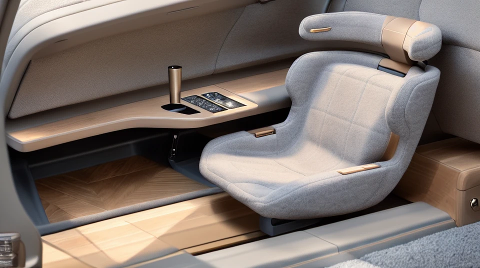 photograph of a car interior seat, (grey)trim, (warm homey)style, natural light,extremely details, 16K high quality,masterpiece