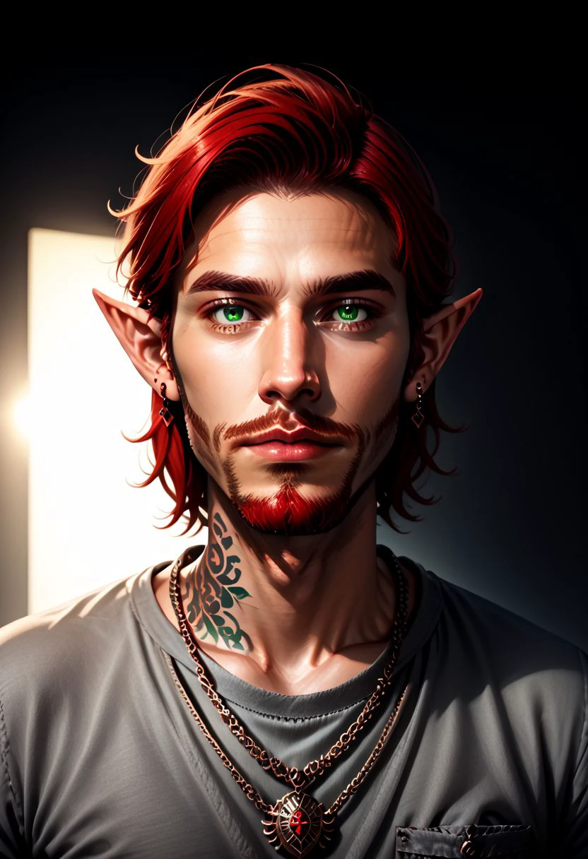 aszkstzz, jewelry, 1boy, facial hair, pointy ears, solo, male focus, necklace, beard, earrings, green eyes, red hair, realistic, looking at viewer, tattoo, grey shirt, upper body,  shirt, pendant, realistic, soft lighting, natural lighting,  zPDXL