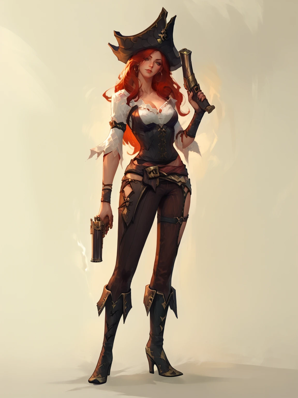 score_9, score_8_up, score_7_up, MissFortuneNormal, 1girl, red long hair, solo, black corset, white shirt, pants, white bracers, pistols, boots, hat, wodeipoi <lora:MFNormal:1> <lora:wodeipoi:1>
