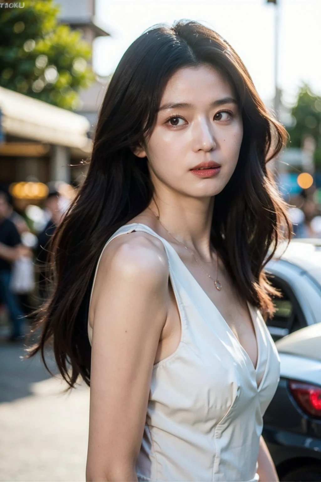 Best quality, masterpiece, ultra high res, (photorealistic), raw photo,1girl, skinny, upper body,solo, realistic, looking at viewer, long hair, bokeh background, city streets,brown eyes, black gothic sleveless dress,  <lora:makina69_junjihyun_v1.0:1>, necklace