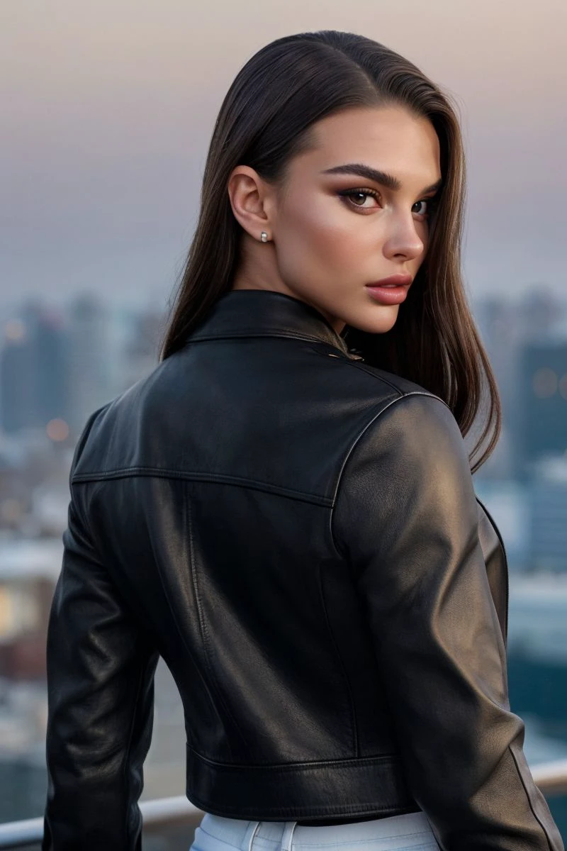 photo of S413_IrinaRepei,a stunning woman,in a (city:1.1),wearing a (leather-jacket:1.1),(white-jeans),(sunset),(4k, RAW photo, best quality, 50mm, depth of field, ultra high res:1.1),(intricate, photorealistic, cinematic-shot, masterpiece, ultra-detailed:1.1),