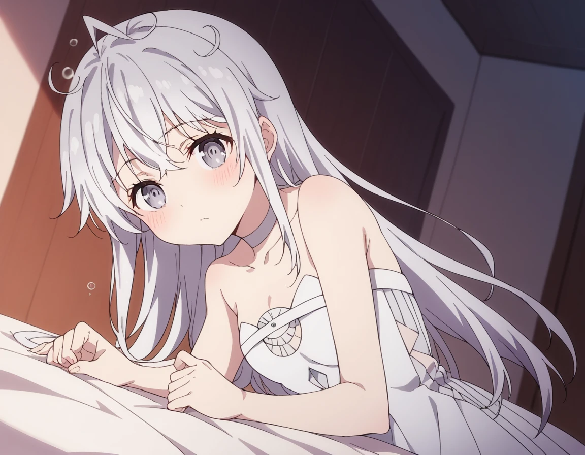 score_9, score_8_up, score_7_up, source_anime,
hibikihigoromo, <lora:hibiki-higoromo-movie-ponyxl-lora-nochekaiser:1>,
hibiki higoromo, long hair, bangs, white hair, grey eyes, ahoge,
dress, bare shoulders, choker, white dress, strapless, strapless dress,
indoors, bed, bed room, on side, blush, drunk,
solo, dutch angle, looking at viewer, cowboy shot,