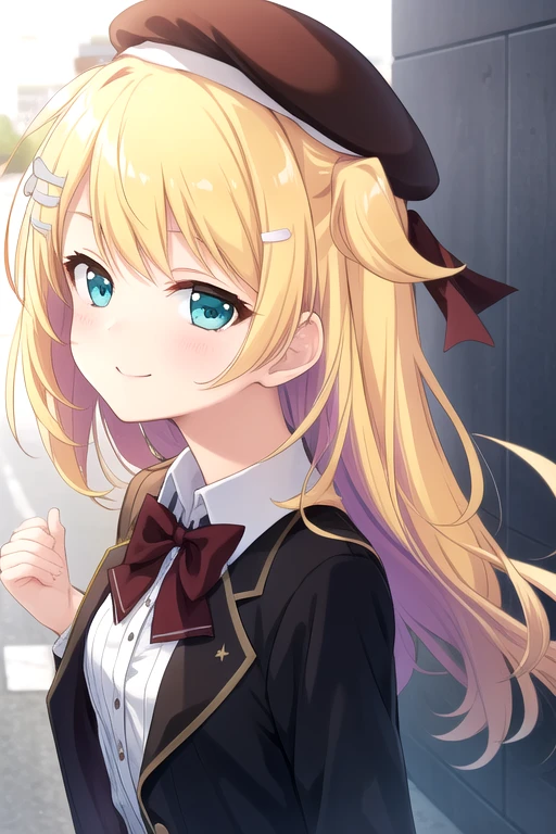 ((masterpiece)),(best quality),official art,extremely delicate and beautiful,extremely detailed CG,unity 8k wallpaper,ultra detailed,beautiful detailed eyes,extremely detailed face,outdoors,1girl,solo,upper body,(portrait:1.5),looking at viewer,facing viewer,smile,(petite:1.4),Lunalight Baker,beret,black headwear,long hair,blonde hair,shiny hair,floating hair,hair intakes,hair ribbon,two side up,crescent hair ornament,hairclip,sidelocks,bangs,aqua eyes,school uniform,black jacket,blazer,wing collar,black bowtie,collared shirt,white shirt,long sleeves,large breasts,miniskirt,white skirt,frilled skirt,pleated skirt,zettai ryouiki,black thighhighs,high heels,red footwear,<lora:Lunalight Baker(Hatsukoi Syndrome)>,