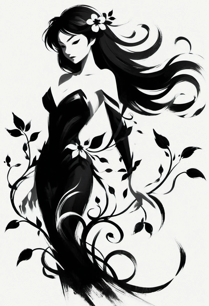 ShodoShuji-Swipe, (brush strokes:1.1), silhouette of Gogo Tomoko with long hair flowing in swirls, black and white,flower, dress, from side, vines, simple background, long hair, full body, black and white background, silhouette