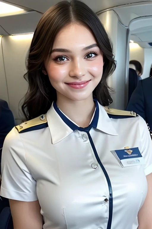 1girl, soro, shiny skin, lips, super detailed skin, detailed beautiful face and eyes, spotlight, professional lighting, brown hair, upper body, stewardess, black skirt, aviation industry, short shirt, smile, kooo123,  <lora:stewardesses_v2:0.6>, <lora:Emma_MyeOO_v1:0.8>