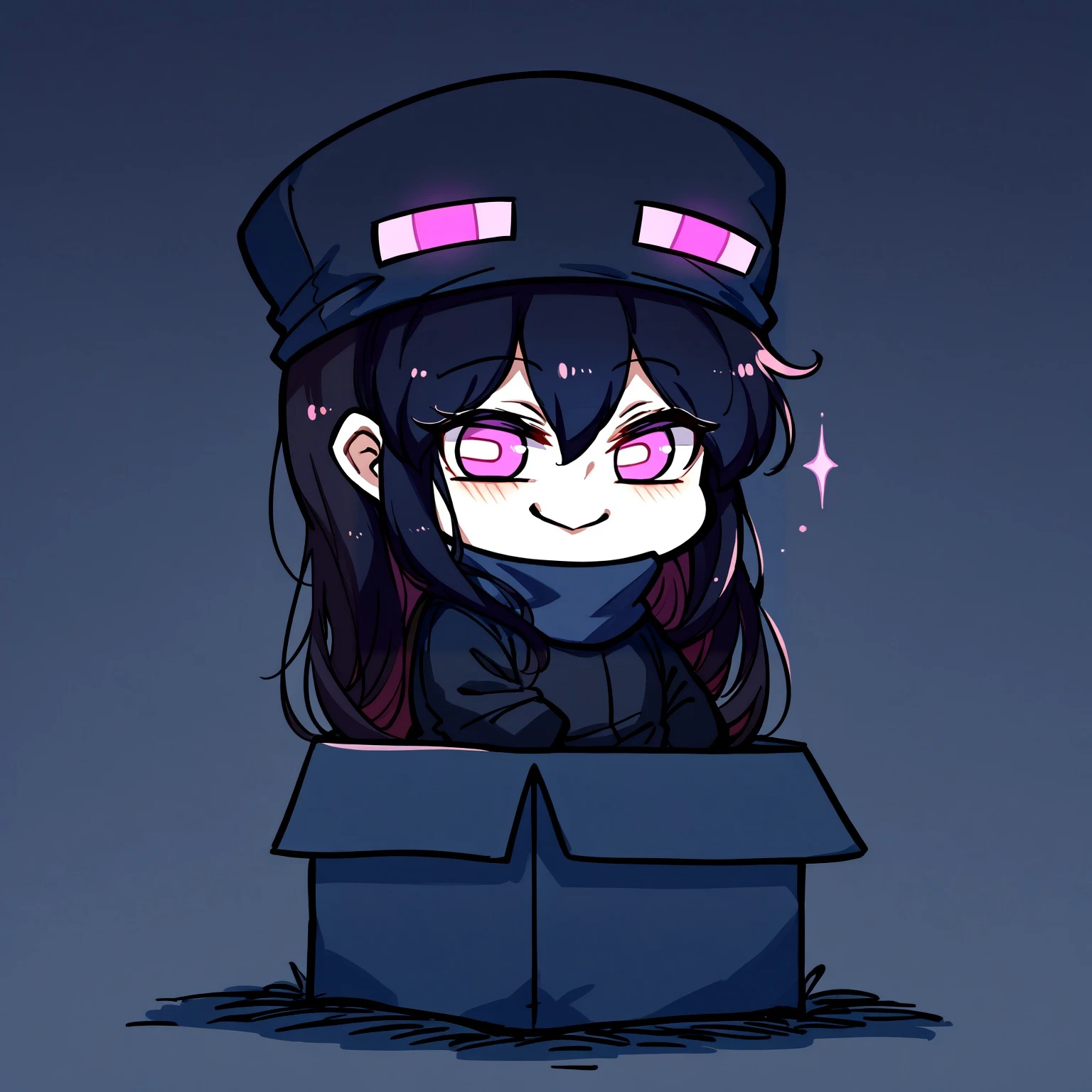 b0xe,chibi, in box,sitting, night, dark environment,
Enderman-chan, black jacket, high collar, enderman hat, black skirt, black thighhigh, garter straps, shoes, glowing, glowing eyes, smiling, 
BREAK
score_9,score_8_up,score_7_up, <lora:boxed_potat_v1:1> <lora:Enderman_XLPD:1>